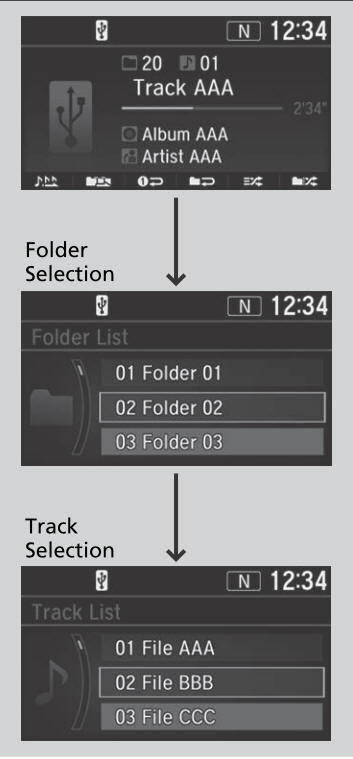 Honda CR-V. How to Select a File from a Folder with the Selector Knob