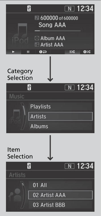 Honda CR-V. How to Select a Song from the iPod Music List with the Selector Knob